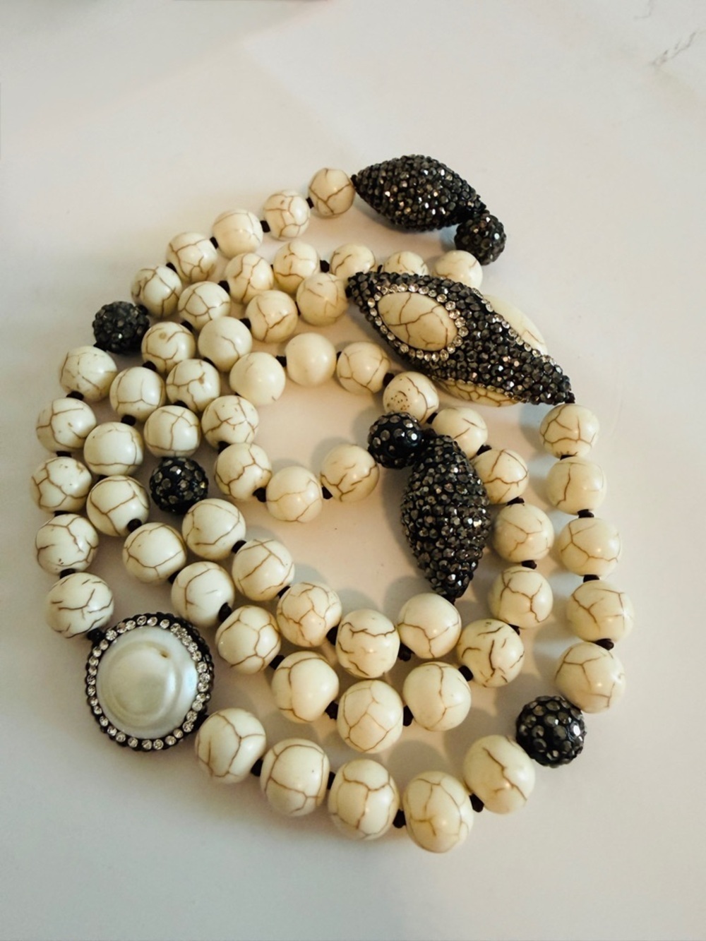 Cream Stone Beaded Necklace Pavé Crystal Long - Picture 4 of 7